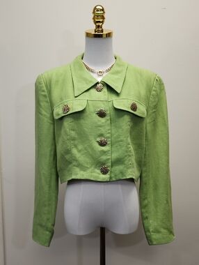Scaasi Lime Green Linen Cropped Jacket Textured Button Blazer Size 12